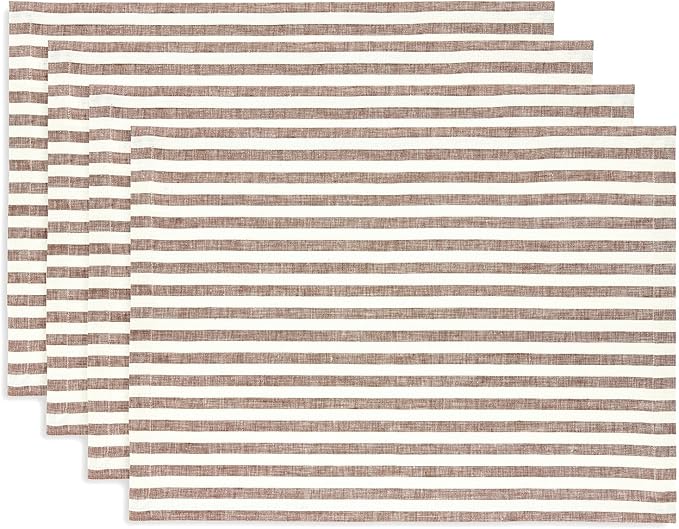 Solino Home Linen Cloth Placemats Set of 4 - Amalfi Stripe 100% Pure Linen Brown and Cream Farmhouse Placemats 14 x 19 Inch for Fall, Autumn, Thanksgiving