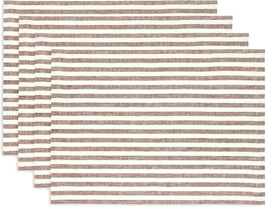 Solino Home Linen Cloth Placemats Set of 4 - Amalfi Stripe 100% Pure Linen Brown and Cream Farmhouse Placemats 14 x 19 Inch for Fall, Autumn, Thanksgiving