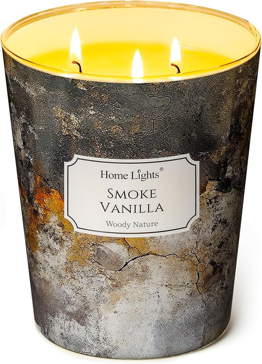 HomeLights Large jar Candle | 3-Wick Long-Lasting Scented Candles, 34oz Natural Soy Wax Candle for Home Scented, Industrial Chic Gifts for Women & Men, Smoke Vanilla