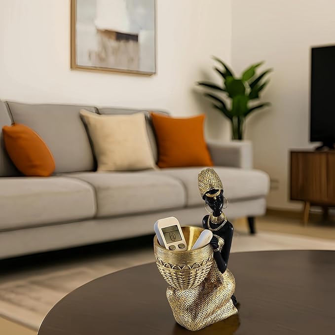 African Resin Woman Statue with Bowl – Golden Kneeling Tribal Figurine for Home Decor, Candy Dish, Jewelry Holder, Boho Shelf Accent