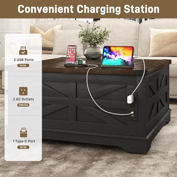 36" Farmhouse Movable Lift Top Coffee Table with Storage and Power Outlets, Square Wood Living Room Tables with Wheels&Large Hidden Space, Lift Wooden Barn Door Center Table, Black