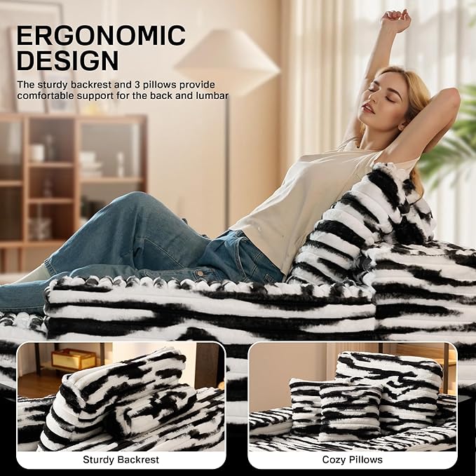 Chaise Lounge Chair Indoor, 67" Oversized Comfy Faux Fur Sleeper Sofa Bed, Boneless Upholstered Recliner Bed with Pillows and Wide Armrests, Modern Cloud Couch for Living Room, Zebra Stripe