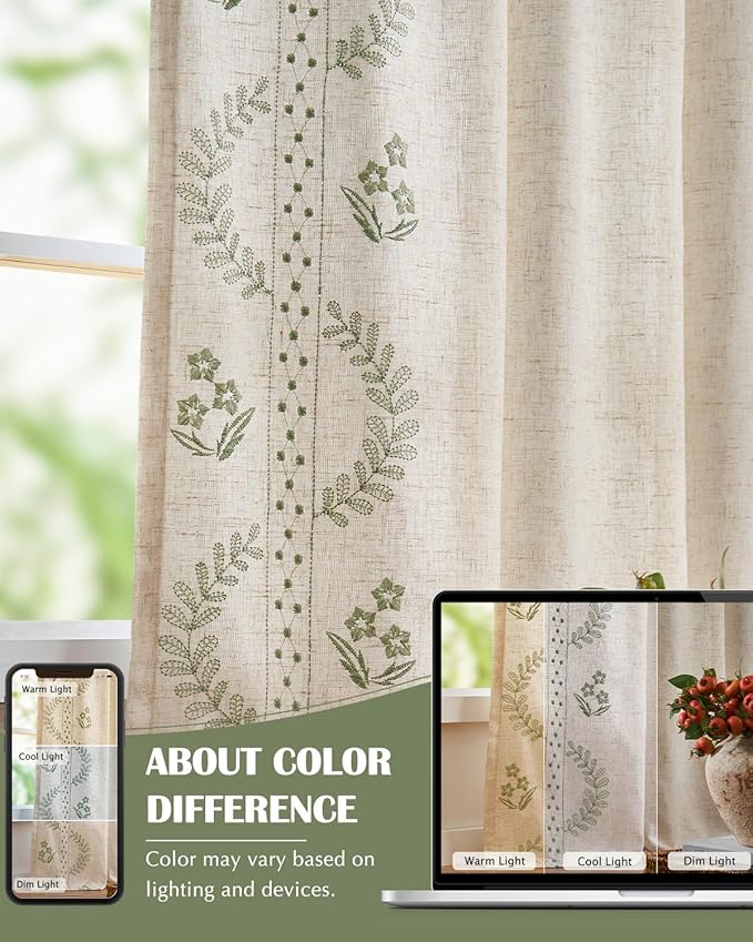 jinchan Belrose Lined Linen Blend Curtains Floral Curtains for Bedroom 63 Inch Length Sage Green Embroidered Drapes Rod Pocket Farmhouse Flower Drapes for Living Room Window Treatments Set 2 Panels