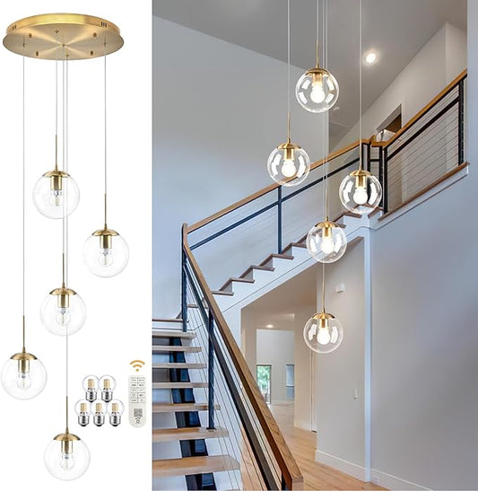 KoKo&Yukina 5-Light Globe Glass Pendant Light Adjustable Length Pendant Lights Modern Gold Clear Globe Glass Chandelier High Ceiling Lights Fixtures for Foyer Staircase Entryway (Bulb & Remote Incl.)