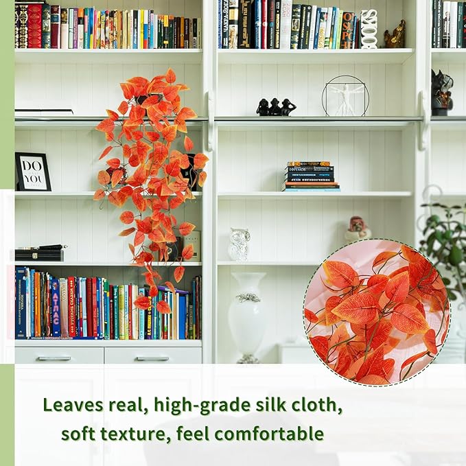 2 Pack Artificial Fall Plants Hanging Orange Vines Potted Fall Foliage Fake Pothos Trailing Plant Autumn Decoration for Indoor Outdoor Thanksgiving Bathroom Wall Kitchen Room Shelf Decor (Black Pot)