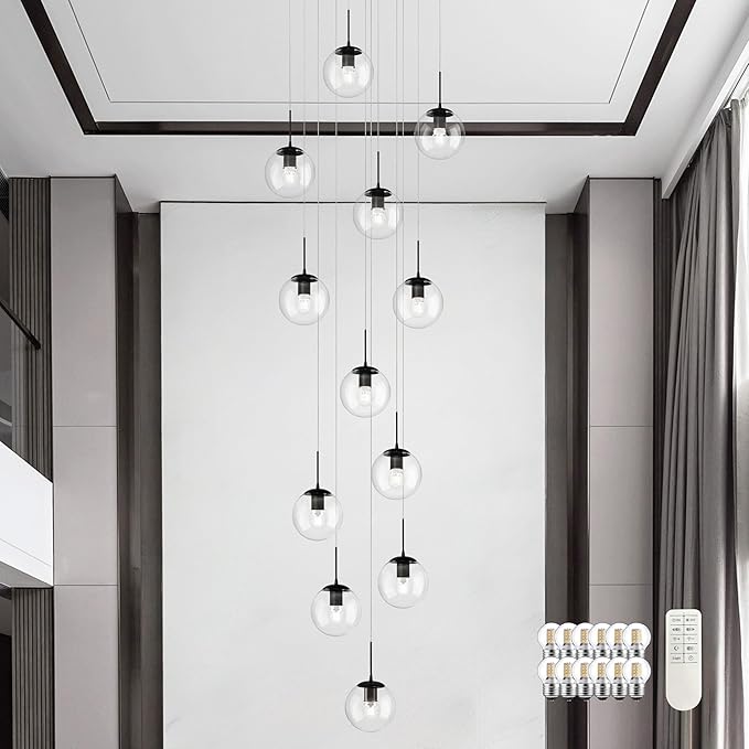 KoKo&Yukina 12-Light Black Mid Century Modern Chandelier for Living Room Staircase Chandelier for Entryway Clear Globe Glass Chandelier High Ceiling Chandeliers Foyer Entryway (Bulb & Remote Incl.)