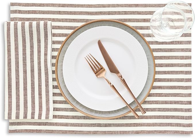 Solino Home Linen Cloth Napkins Set of 4-100% Pure Linen Brown and Cream Striped Dinner Napkins 20 x 20 Inch for Fall, Autumn, Thanksgiving - Amalfi Stripe, Handcrafted and Machine Washable
