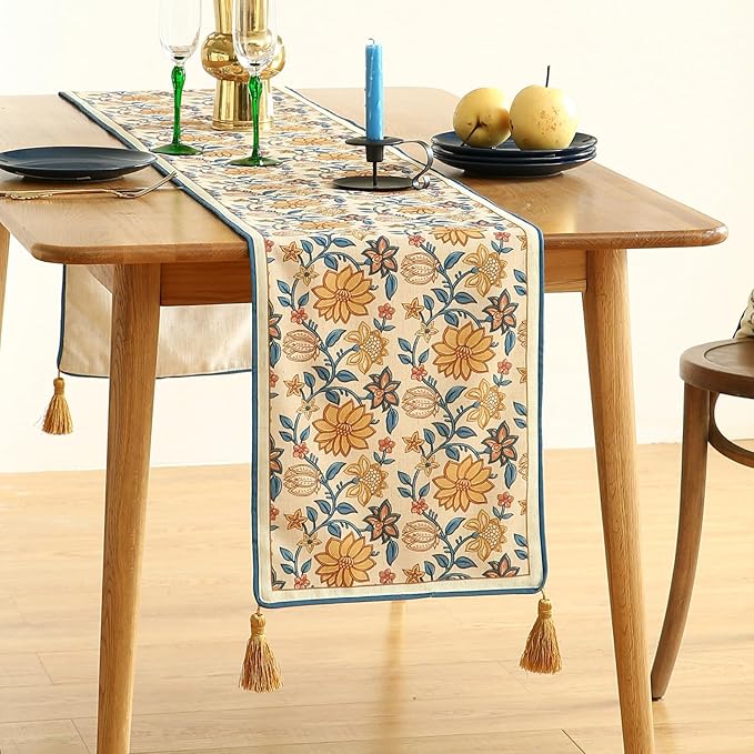 Designer Bohemian Elegant Linen Table Runner 71 Inches Long,Floral Pattern Duable Decor Table Runners for Dining Tables,Thanksgiving,Kitchen Tables,Christmas,12"*71"-Estevan B
