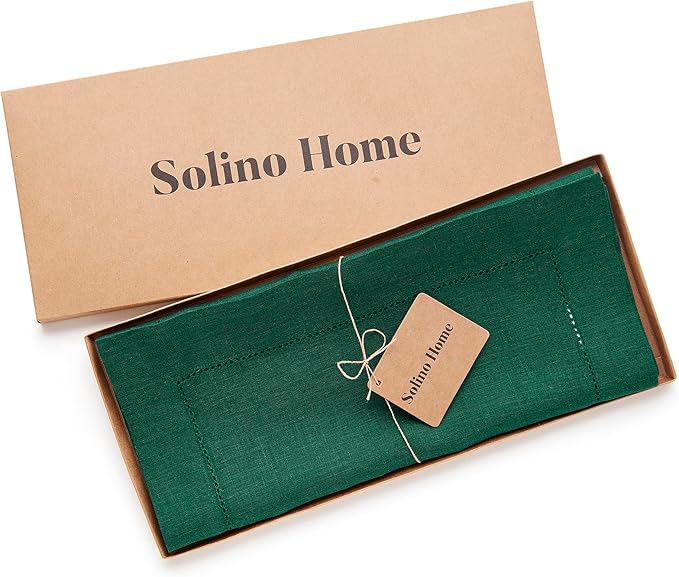 Solino Home Linen Table Runner 96 Inches Long - 100% Pure Linen Rainforest Green Table Runner 14 x 96 Inch for Fall, Autumn, Thanksgiving, Christmas - Classic Hemstitch