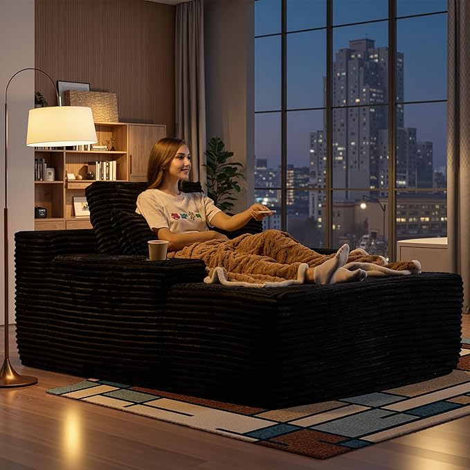 Chaise Lounge Chair Indoor, 67" Oversized Comfy Plush Fur Sleeper Sofa Bed with Cup Holders and Wide Armrests, Boneless Upholstered Recliner Bed, Modern Cloud Couch for Living Room, Black