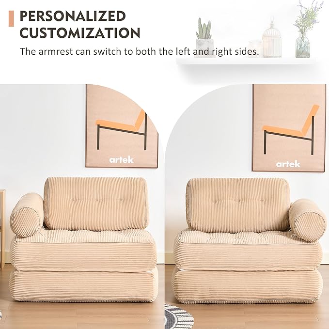 Plus Futon Sofa Bed for Small Spaces, Floor Couch with Armrest, Folding Sofa Couch, Convertible Sleeper Chair Bed with Pillow, Portable Comfy Floor Lounge for Living Room and Bedroom, Camel