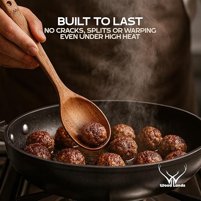 7 Pcs Teak Wooden Kitchen Utensils – Handcrafted Wooden Cooking Utensils Set with Holder, Elegant Wooden Spoons for Cooking & Timeless Utensil Set for Daily Use - Teak Utensils Set for Cooking