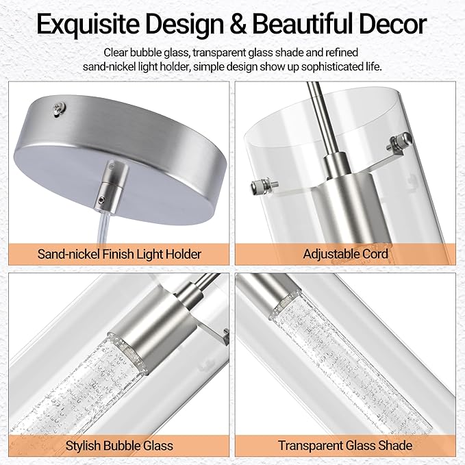 1 Pack Pendant Ceiling Light Fixture, Pendant Lights for Kitchen Island Crystal Pendant Light, 1-Light Integrated Kitchen Hanging Light Fixture Modern Island Light with Bubble Glass