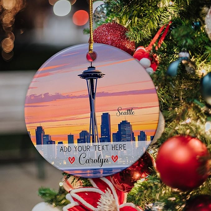 Personalized Seattle Washington City Skyline Ceramic Christmas Ornament, Seattle Space Needle Christmas Tree Ornament 2025, Custom Text/Name Washington State Landscape Xmas Keepsake Ornaments Gift