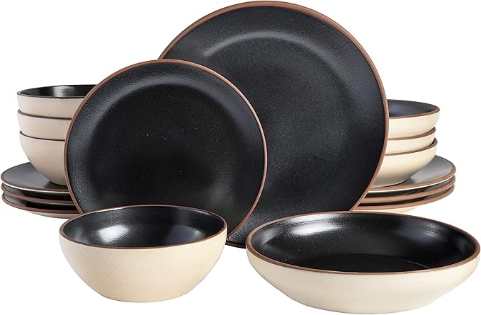 Gibson Elite Contempo Classic Double Bowl Dinnerware Set, Service for 4 (16pcs), Black