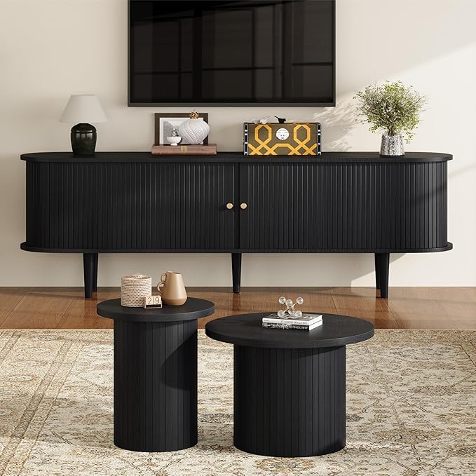 3-Piece Mid Century Modern Living Room Table Set, 70" TV Stand with Tambour Door, Nesting Round Coffee Table Set of 2, Wood Slats Entertainment Center with Storage, Black