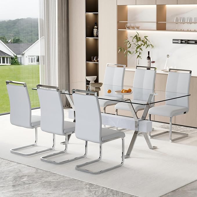 7 Piece Glass Dining Table Set, 79" Modern Dining Table Set for 6, 0.5" Thick Tempered Glass Tabletop with Silver Chrome Metal Legs and Grey Crossbar, 6 PU Chairs for Dining Room, Kitchen