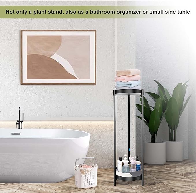 Plant Stand Indoor Outdoor, 2 Tier 24" Tall Black Flower Pot Plant Stands, Heavy Duty Metal Plants Shelf, Rustproof Iron Multiple Plant Round Supports Rack for Planter Corners Garden Balcony Patios