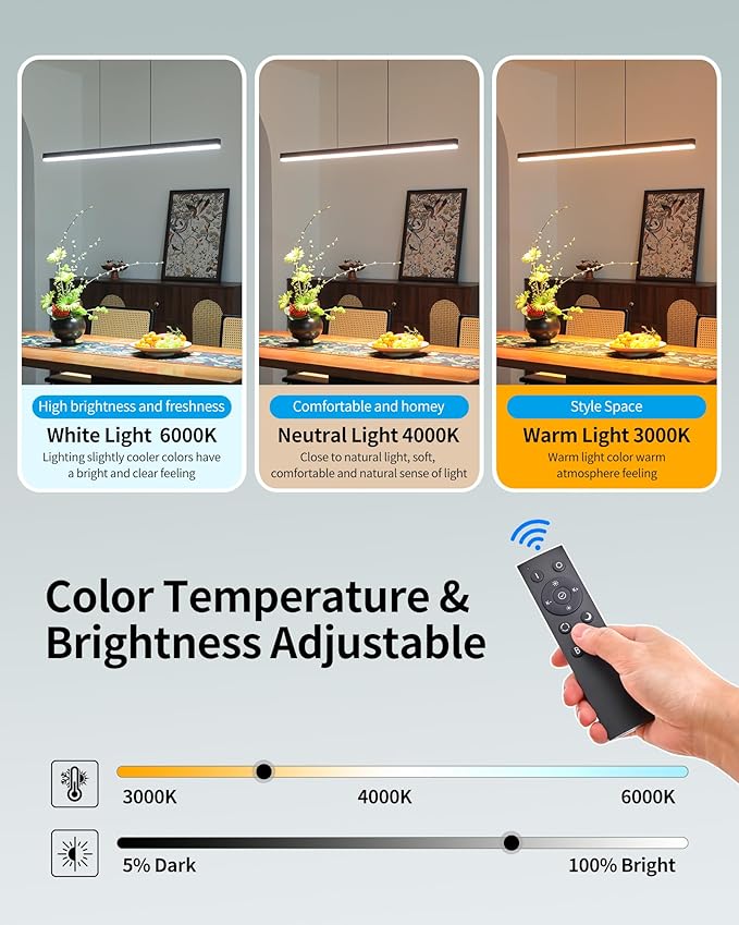 59" Wood Linear Pendant Light, Dimmable Kitchen Island Lighting with Remote, 30W LED Island Lights for Kitchen, Adjustable Linear Chandelier for Dinning Room Light Fixture, Bar, Pool Table - Walnut