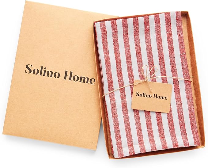 Solino Home Linen Napkins Set of 4-100% Pure Linen Amalfi Stripe Red and White Cloth Dinner Napkins 20 x 20 Inch - Handcrafted and Machine Washable - Christmas