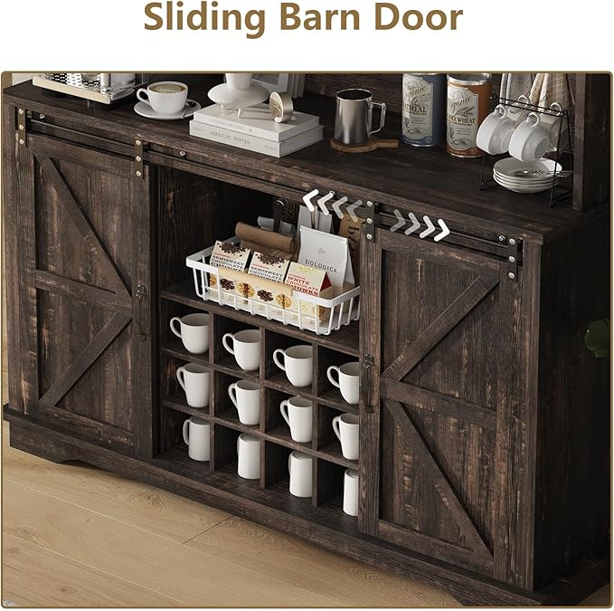 55 Inch Farmhouse Coffee Bar Cabinet with 3-Tier Storage, Kitchen Hutch with12 Wine Racks & 3 Glass Holders, Coffee Bar with 6 Hooks, Wine Bar Cabinet for Dining Living Room, Oak