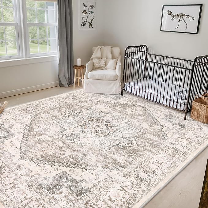 LIVEBOX 8X10 Area Rugs for Living Room, Washable Beige Neutral Boho Rugs Large Soft Non-Slip Rug, Low-Pile Vintage Medallion Rug, Retro Faux Wool Indoor Carpet for Dining Room Bedroom Office