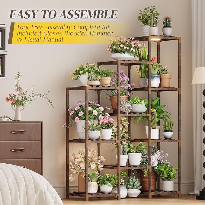 Wooden Plant Stand Indoor with Grow Light, 4-Tier Ladder Plant Shelf for Balcony, Living Room, or Corner | Carbonized Wood Plant Holder for Indoor Use, Space-Saving Design