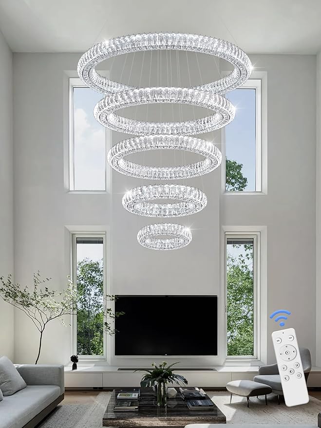 Extra Large LED 5-Ring Crystal Chandeliers for High Ceiling Modern Glam Crystal Ring Chandeliers Living Room Foyer Staircase D8+15.7"+23.6"+31.5"+39.4"