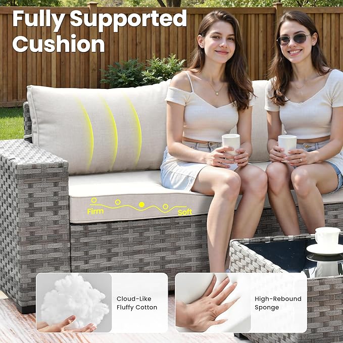 ovios 8 Pieces Patio Furniture Set, Outdoor Wicker Sectional Sofa with Swivel Chair Coffee Table, Modern Modular Deep Seat Rattan Couch Conversation Sets, Beige