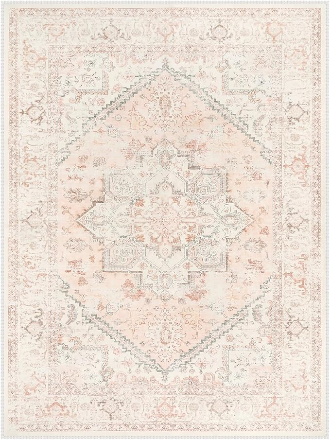 LIVEBOX Washable 9x12 Area Rug, Large Rugs for Living Room Boho Soft Non-Slip Rugs, Pink Low-Pile Vintage Medallion Rug, Retro Non-Shedding Indoor Carpet for Dining Room Bedroom Office