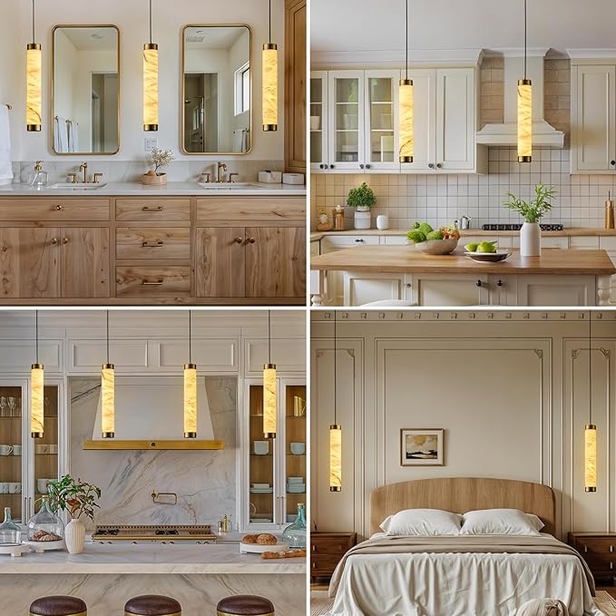 20" Alabaster Pendant Lights, Natural Marble Cylinder Brass Pendant Light, Adjustable Modern Ceiling Light Fixtures for Kitchen Island, Dining Room, Bedroom, Living Room, Bathroom