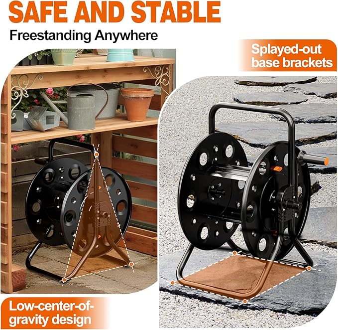 Metal Garden Hose Reel, Portable Outdoor Floor Stable Water Pipe Holder Freestanding, Holds 100-150 Ft of Hose Storage Capacity, UV Resistance, Hose Winder for Outside, Irrigation, Cleaning