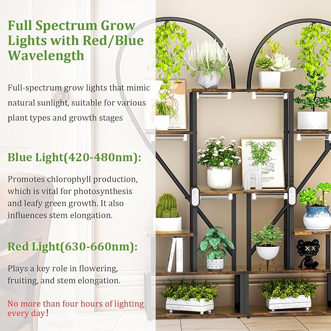 unho Plant Stand Indoor with Grow Lights, 3 Head Full-spectrum Plant Grow Lights，6 Tiered tiered plant plant shelf indoor Multiple, Half Heart Shape Plant Rack, Large Brown Plant Holder for Home Patio Balcony (2 Pack)