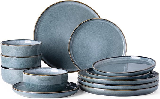 GBHOME Ceramic Dinnerware Sets for 4, 12 Pieces Stoneware Plates and Bowls Sets, Reactive Glaze Dishes -Scratch Resistant, Dishwasher&Microwave Safe, Space Blue