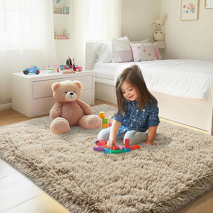 3x5 Area Rug for Bedroom, Soft Rugs for Living Room Nursery Kids Room Dorm Home Decor Aesthetic, Fluffy Shaggy Rug with 4 Anti-Slip Carpet Tapes, Light Tan