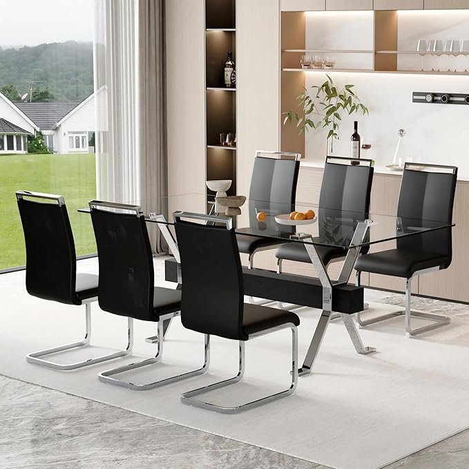 7 Piece Glass Dining Table Set, 79" Modern Dining Table Set for 6, 0.5" Thick Tempered Glass Tabletop with Silver Chrome Metal Legs and Black Crossbar, 6 PU Chairs for Dining Room, Kitchen