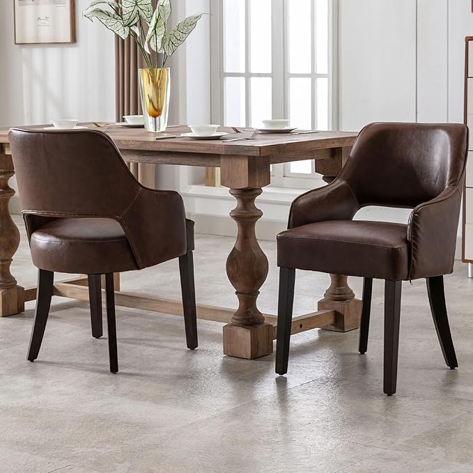 PU Leather Dining Chairs Set of 4 Upholstered Farmhouse Kitchen Chair Side Chairs Wood Accent Chair for Living Room/Dining Room/Bedroom/Restaurant, Brown