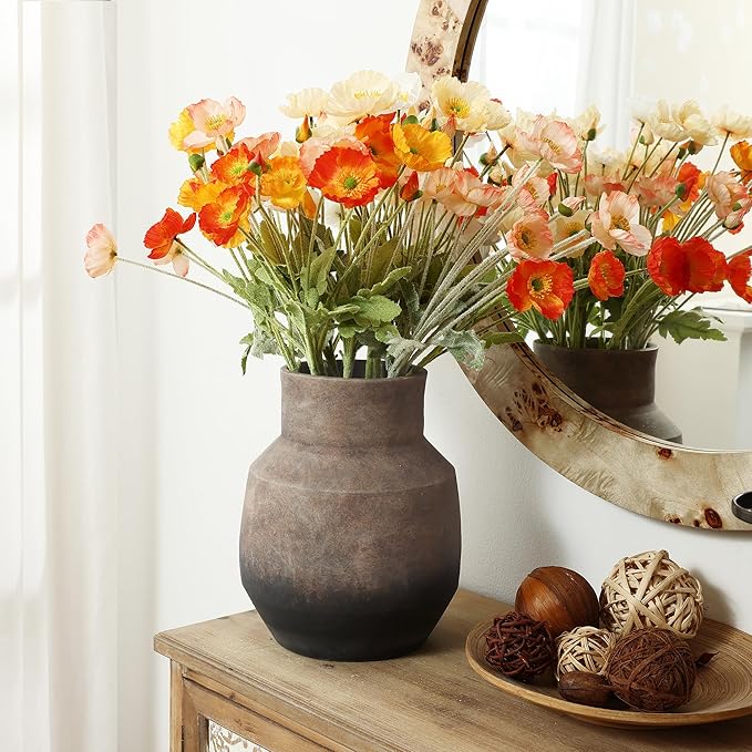 LuxenHome Rustic Ceramic Flower Vase,Farmhouse Vintage Pottery for Shelf Decor Room Decor,Brown Ombre Terracotta Vase,11'' Round Decorative Vases Home Decor Living Room