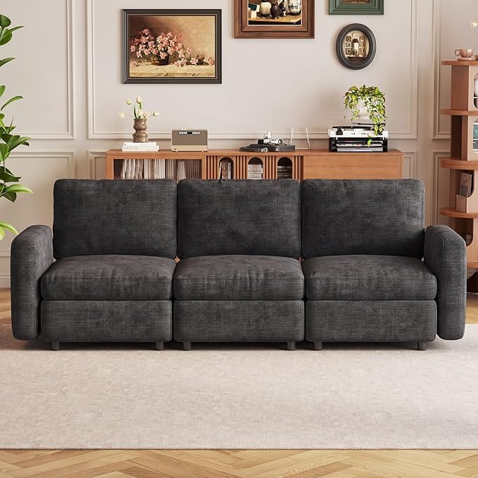 3-Seat Modular Sofa Couch Grey with Ergonomic Cushions, Convertible Sleeper Sectional for Living Room Bedroom Apartment, Cloud Futon Lounge Furniture Set for Small Spaces
