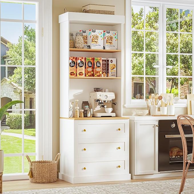 71" Farmhouse Kitchen Pantry Cabinet Set of 2, White Freestanding Coffee Bar Hutch with Glass Doors, Drawers & Adjustable Shelves, Large Storage Cabinet with Microwave Stand for Living Room & Kitchen
