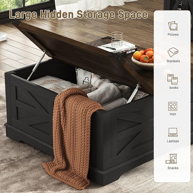 36" Farmhouse Movable Lift Top Coffee Table with Storage and Power Outlets, Square Wood Living Room Tables with Wheels&Large Hidden Space, Lift Wooden Barn Door Center Table, Black