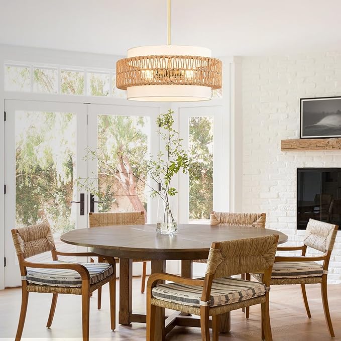 19.7" Boho Rattan Chandelier, 4-Light Large Rattan Pendant Light with Fabric Shade, Boho Drum Ceiling Hanging Light Fixture for Dining Room, Living Room, Kitchen Island, Hallway, Foyer