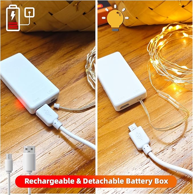 BLUEYE 16FT 100LEDs Rechargeable Fairy Lights,Remote Control,3 Off Timers,Detachable Battery Operated,Tangle-Free Camping String Light,Twinkle for Christmas,Party,Wedding(Cool+Warm White,1Pack)