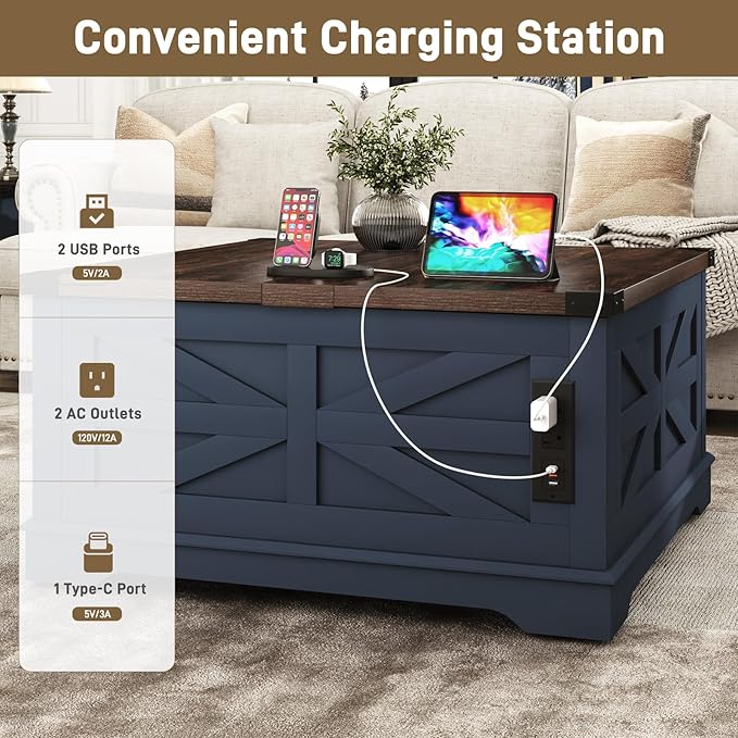 36" Farmhouse Movable Lift Top Coffee Table with Storage and Power Outlets, Square Wood Living Room Tables with Wheels&Large Hidden Space, Lift Wooden Barn Door Center Table, Blue