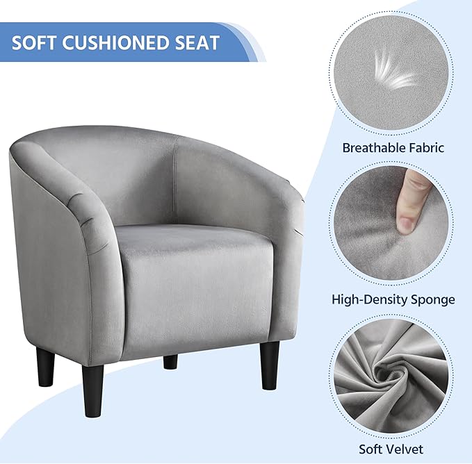 Yaheetech Accent Chair with Foot Rest, Mid Century Modern Upholstered Soft Barrel Chair Comfy Fabric Armchair and Footrest Set for Living Room/Bedroom/Reading Room, Gray, 2pcs