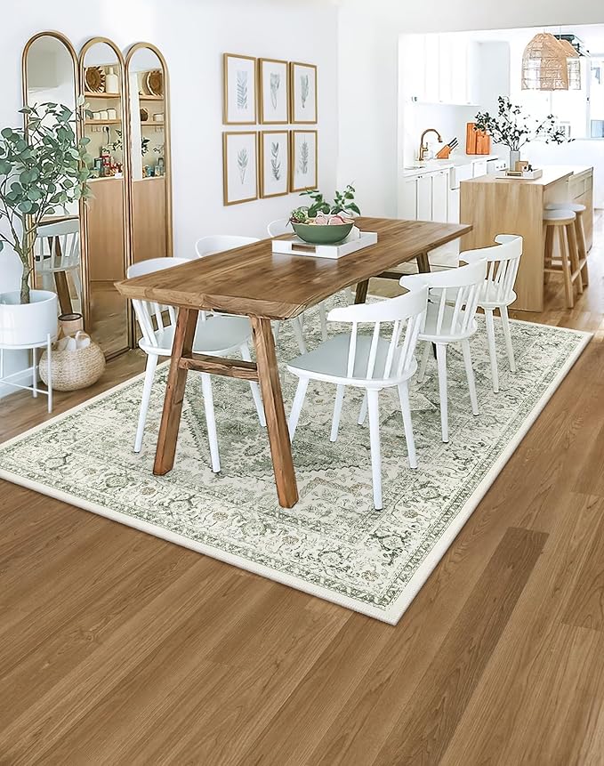 LIVEBOX Washable Area Rug 5x7 - Large Vintage Tribal Living Room Rug Vintage Non-Slip Indoor Rugs for Bedroom, Low-Pile Retro Carpet Print Distressed Accent Rugs for Nursery Entryway Office, Sage