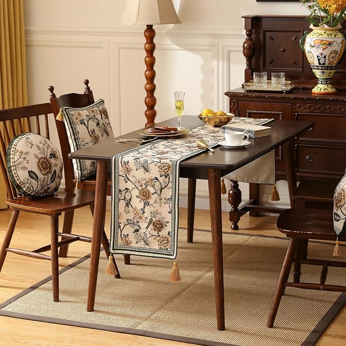 Designer Vintage Beige Linen Table Runner 87 Inches Long,Elegant Floral and Bird Pattern Decor Table Runners for Dining Tables,Thanksgiving,Christmas,Banquet,Party,12"*87"-Murad A