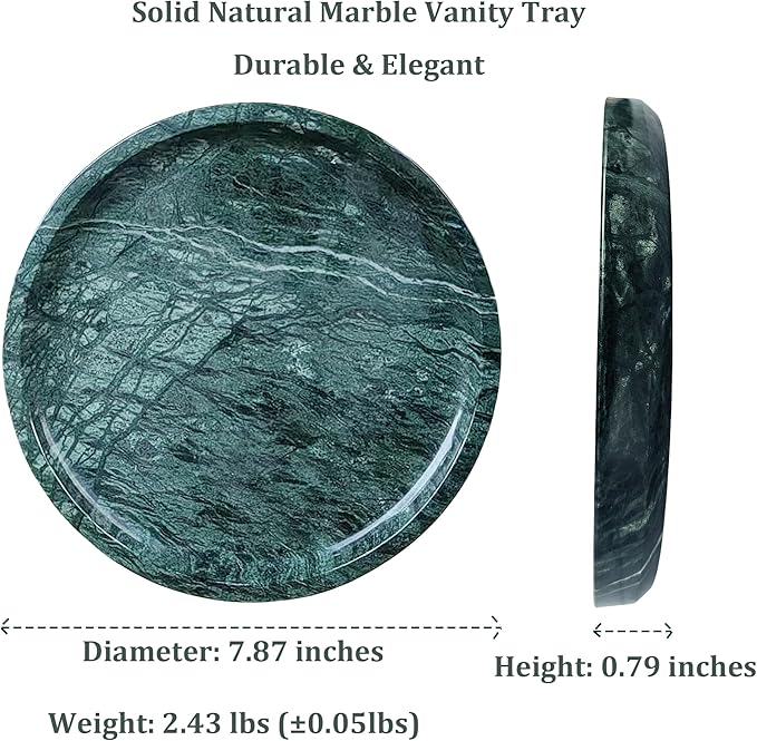 Round Marble Vanity Tray - Diameter 7.87" Natural Green Stone Tray for Bathroom Perfume Jewelry Makeup - Decorative Marble Catchall Dish for Vanity Countertop Organizer