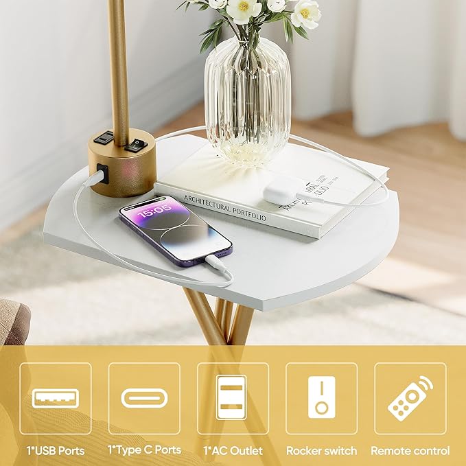 ROTTOGOON Floor Lamp with Table, End Table Lamp with Remote Control and Charging Station(USB & Type-C & AC Port), 4 Color Temperatures, Floor Lamps for Living Room, Bedroom and Home Office,Gold