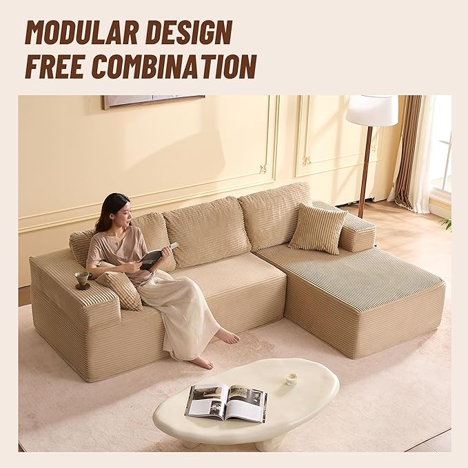 107" Boneless Couch with Deep Seat, Modular Sectional Sofa, Cloud Sectional Couch for Living Room, No Assembly Required, Corduroy, L-Shape Right，Camel